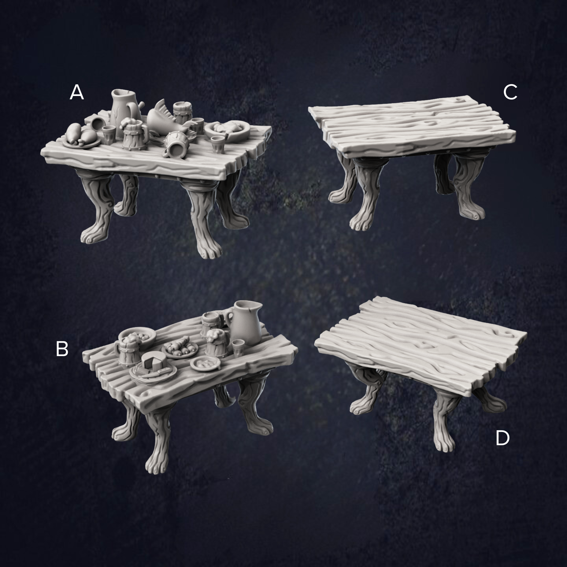 Table options for a tavern setup, there is two empty tables and two with food, drink and jugs on.