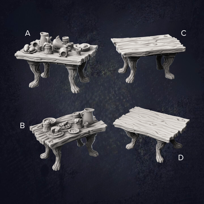 Table options for a tavern setup, there is two empty tables and two with food, drink and jugs on.