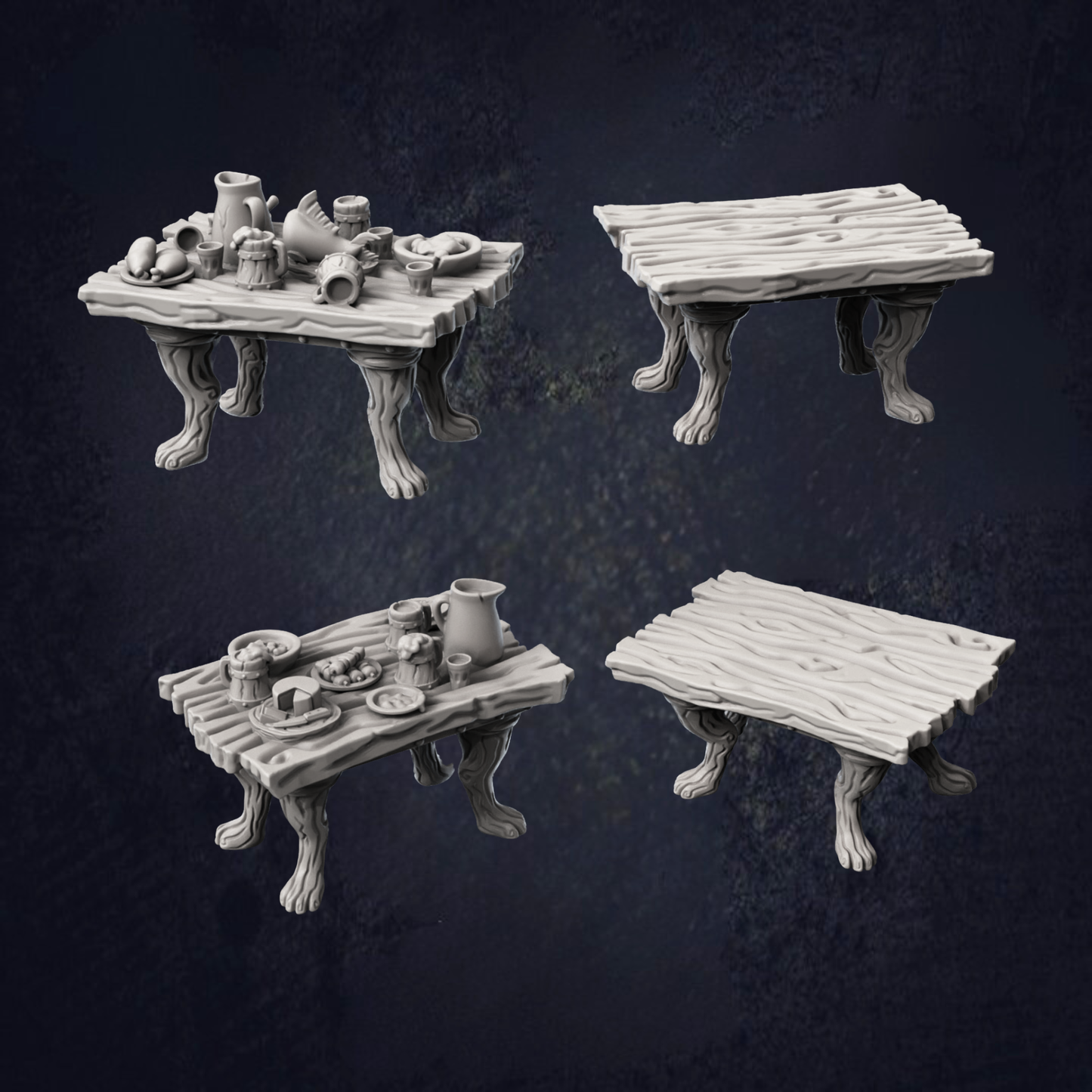 Table options for a tavern setup, there is two empty tables and two with food, drink and jugs on.