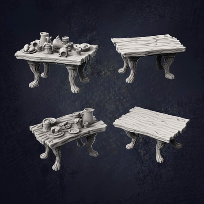 Table options for a tavern setup, there is two empty tables and two with food, drink and jugs on.