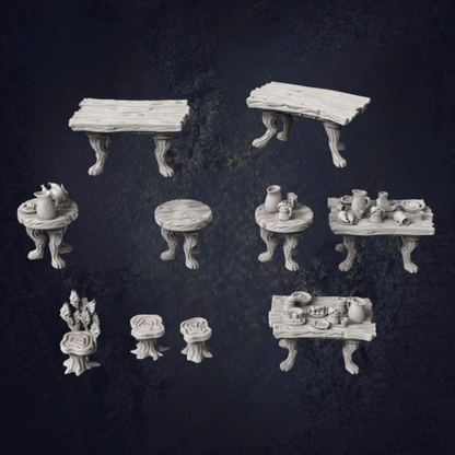 A mixture of tavern rectangular and circle tables, both empty and filled with jars, drinks and food. Also some stools giving woodland tavern theme.