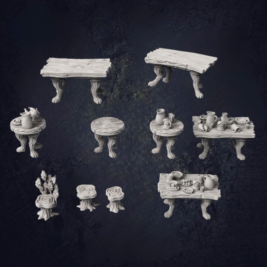 A mixture of tavern rectangular and circle tables, both empty and filled with jars, drinks and food. Also some stools giving woodland tavern theme.