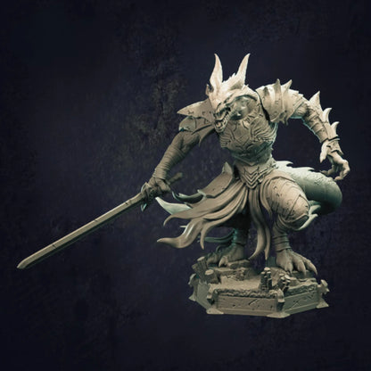 A detailed 3D-printed miniature of a dragonborn fighter designed by TPK Lab. The figure features a fierce, snarling dragon-like humanoid clad in ornate, spiked armor. It holds a large sword in one hand, posed in a dynamic combat stance with its tail coiled behind and cloth elements flowing dramatically from its waist.