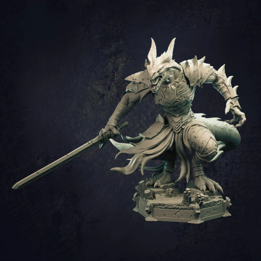 A detailed 3D-printed miniature of a dragonborn fighter designed by TPK Lab. The figure features a fierce, snarling dragon-like humanoid clad in ornate, spiked armor. It holds a large sword in one hand, posed in a dynamic combat stance with its tail coiled behind and cloth elements flowing dramatically from its waist.