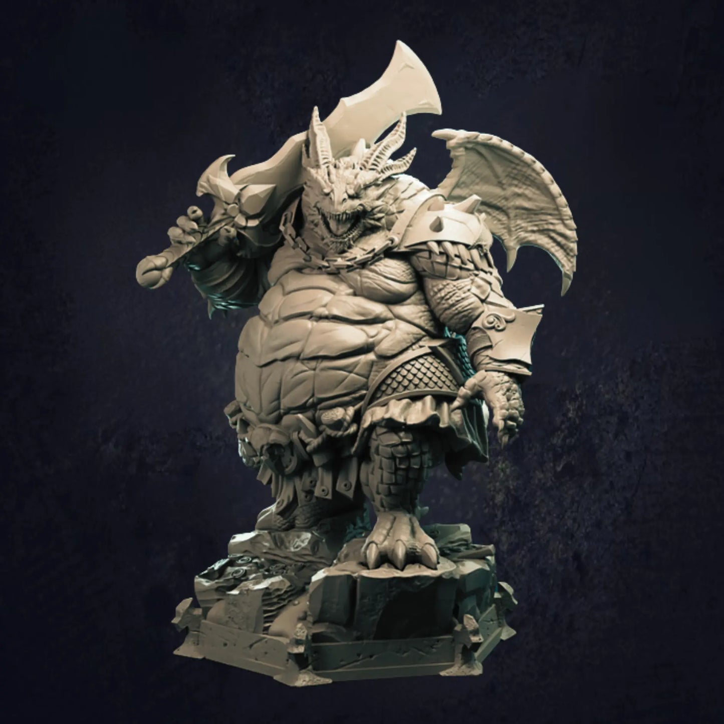 A highly detailed 3D-printed miniature of a dragonborn barbarian, designed for tabletop RPGs. This fearsome figure features a bulky, muscular dragon-like humanoid with a toothy grin, large wings, and horns. It wields a massive cleaver-like weapon resting on its shoulder and is clad in rugged armor with a battle-worn skirt. The model stands atop a textured, rocky base, ideal for painting and customisation.