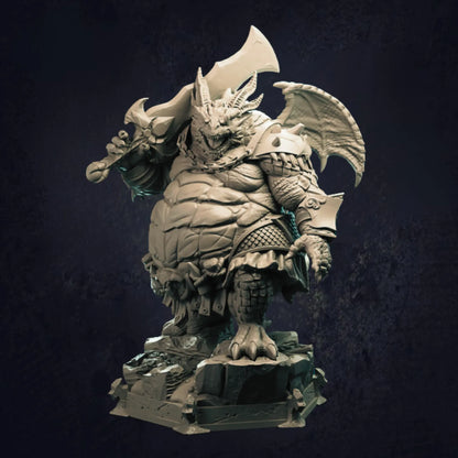 A highly detailed 3D-printed miniature of a dragonborn barbarian, designed for tabletop RPGs. This fearsome figure features a bulky, muscular dragon-like humanoid with a toothy grin, large wings, and horns. It wields a massive cleaver-like weapon resting on its shoulder and is clad in rugged armor with a battle-worn skirt. The model stands atop a textured, rocky base, ideal for painting and customisation.