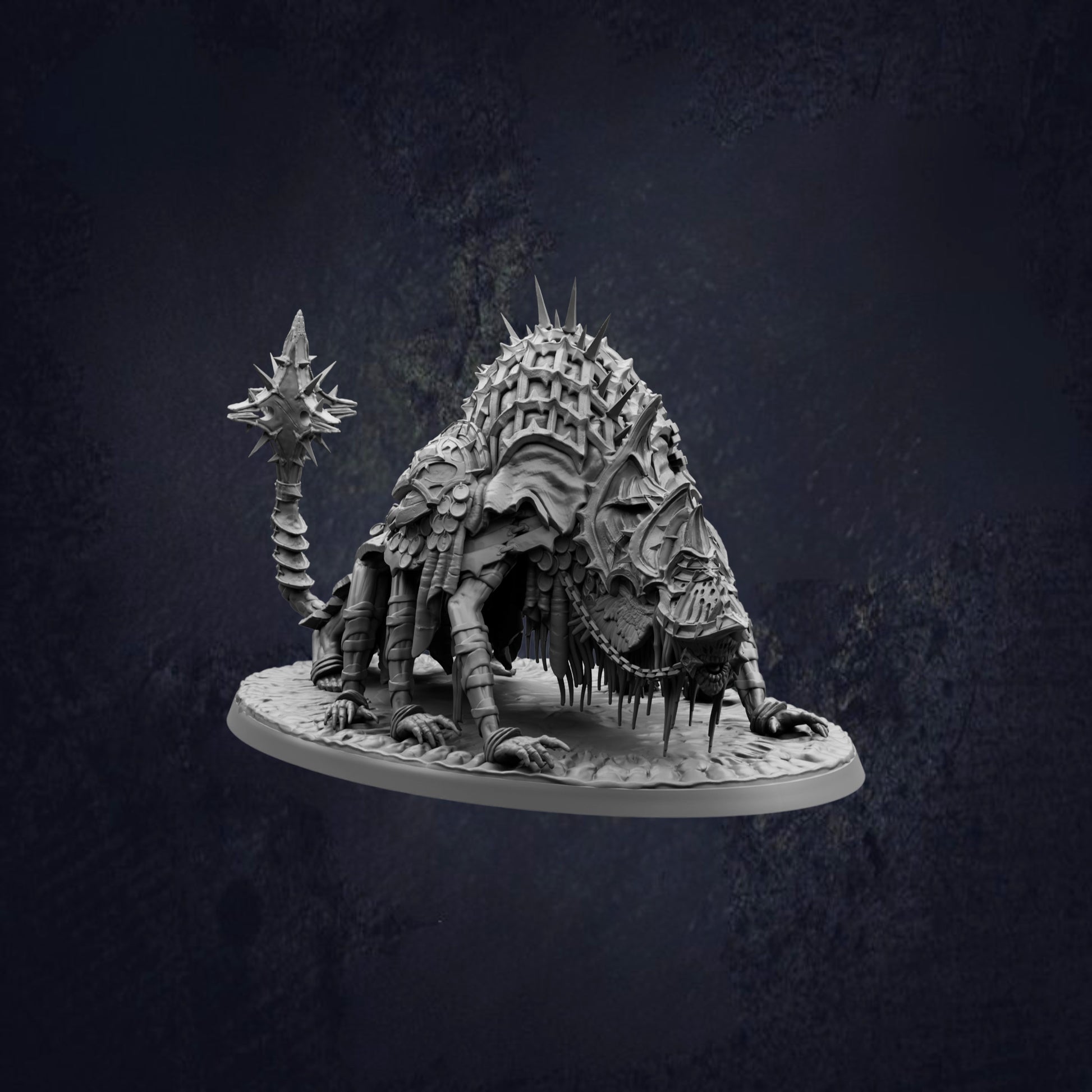 A detailed 3D model of a fantastical creature, possibly a dragon or serpent, with intricate textures and spikes, set against a dark background.