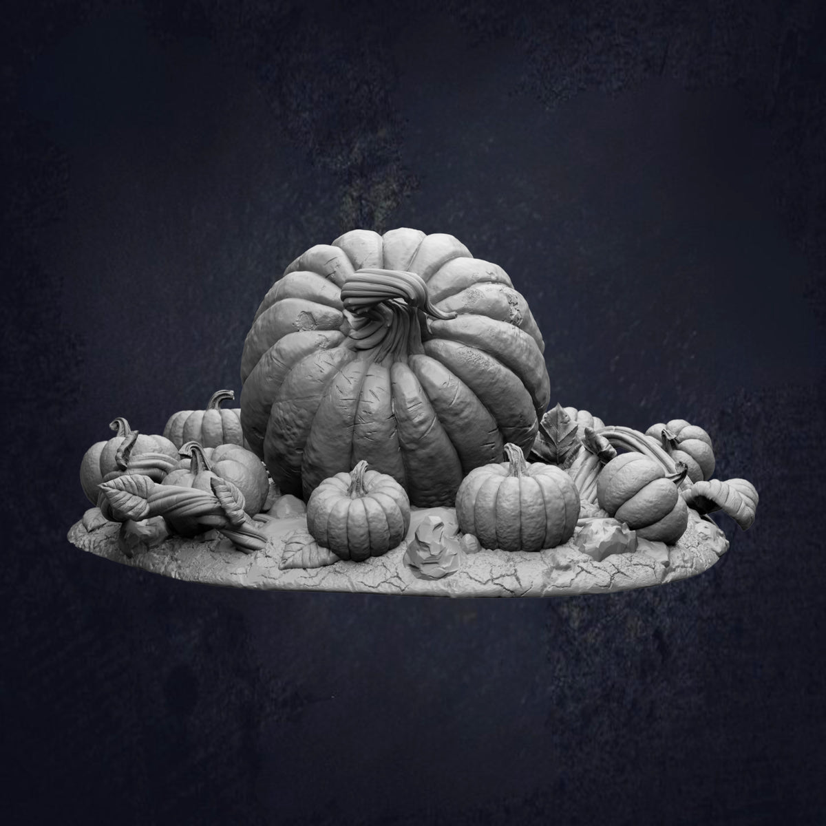 A large, round pumpkin surrounded by smaller pumpkins, all set against a dark background.