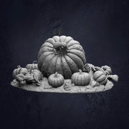 A large, round pumpkin surrounded by smaller pumpkins, all set against a dark background.