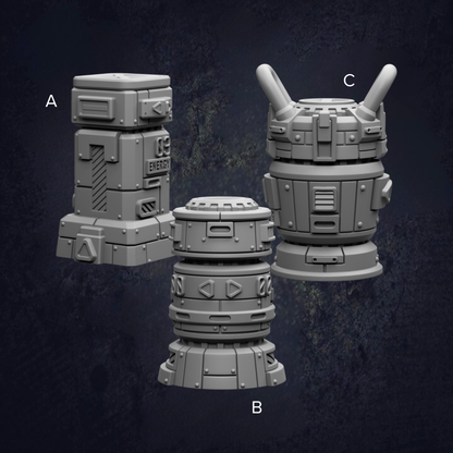 three different 3D models of futuristic-looking objects, each with unique features and designs.