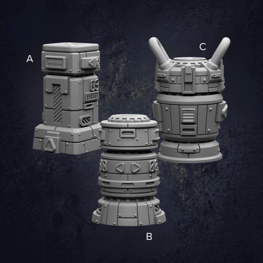 three different 3D models of futuristic-looking objects, each with unique features and designs.