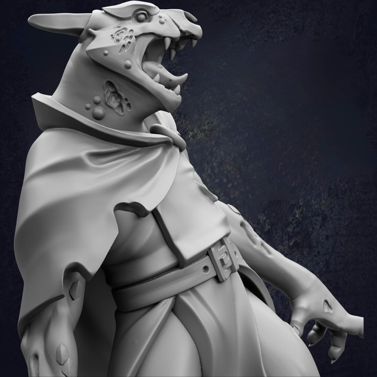 A 3D rendering of a fierce-looking monster or dragon-like creature with sharp teeth and claws, standing upright and appearing to be in a defensive or aggressive stance.