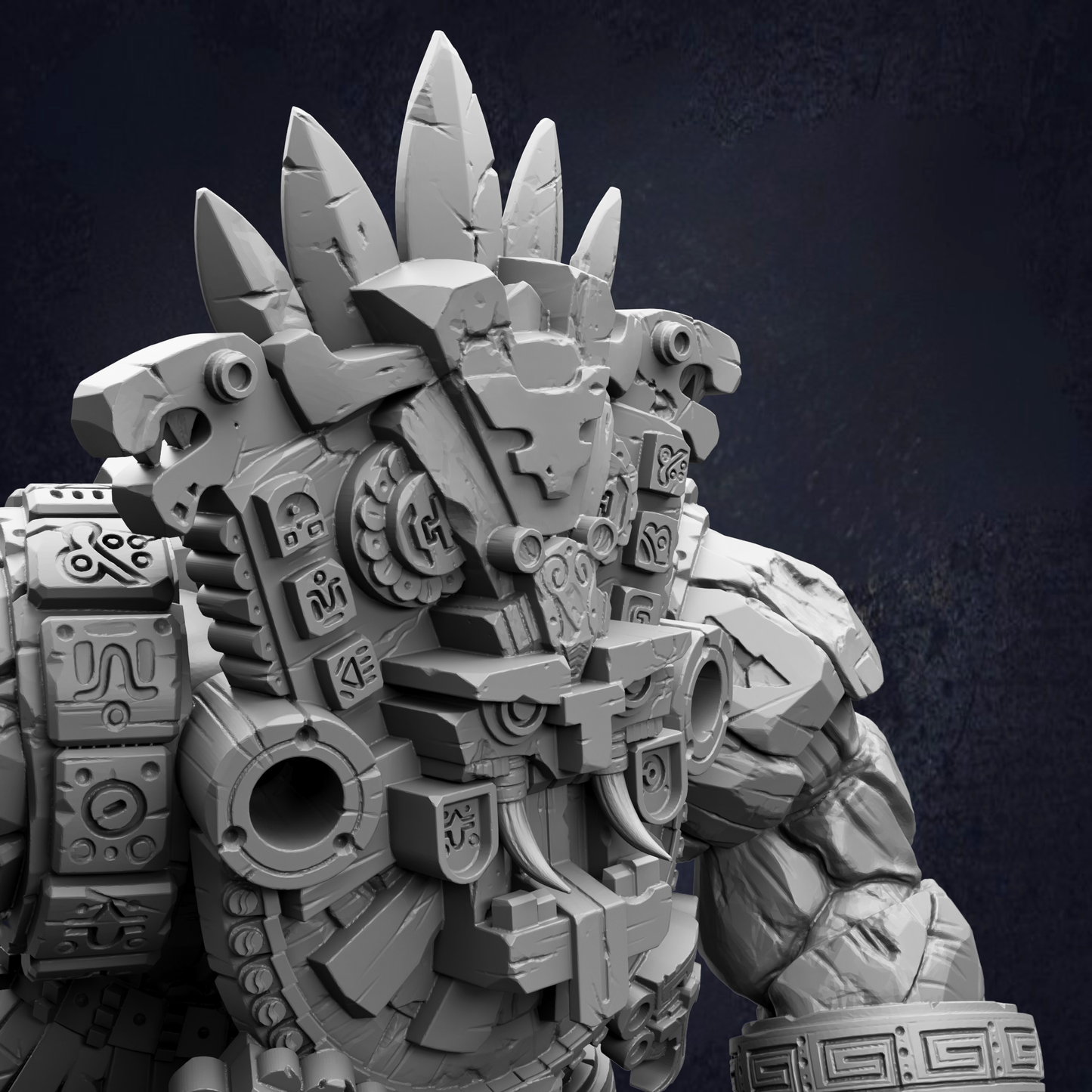 A detailed 3D rendering of a mechanical or technological figure, with intricate and complex designs covering its body and head.