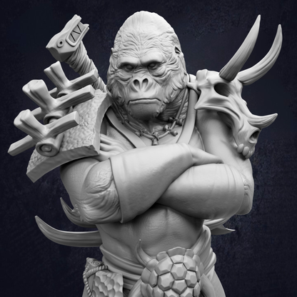 A detailed 3D model of a gorilla-like creature with a fierce expression, wearing various weapons and armor, standing in a dark environment.