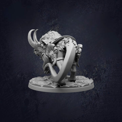 A detailed 3D model of a fantastical creature with horns and a tail, standing on a platform against a dark background.