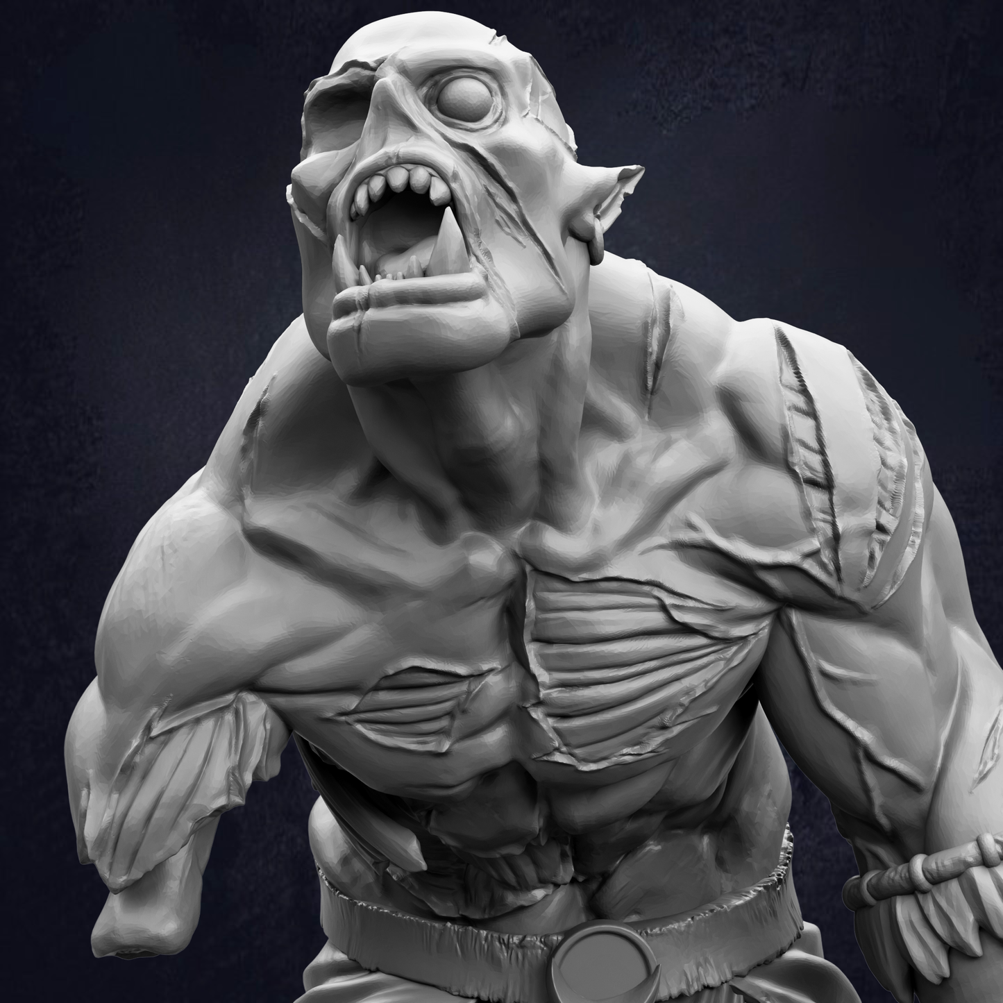 A detailed, realistic 3D rendering of a menacing, skeletal-looking creature with sharp teeth and an intense expression, set against a dark background.