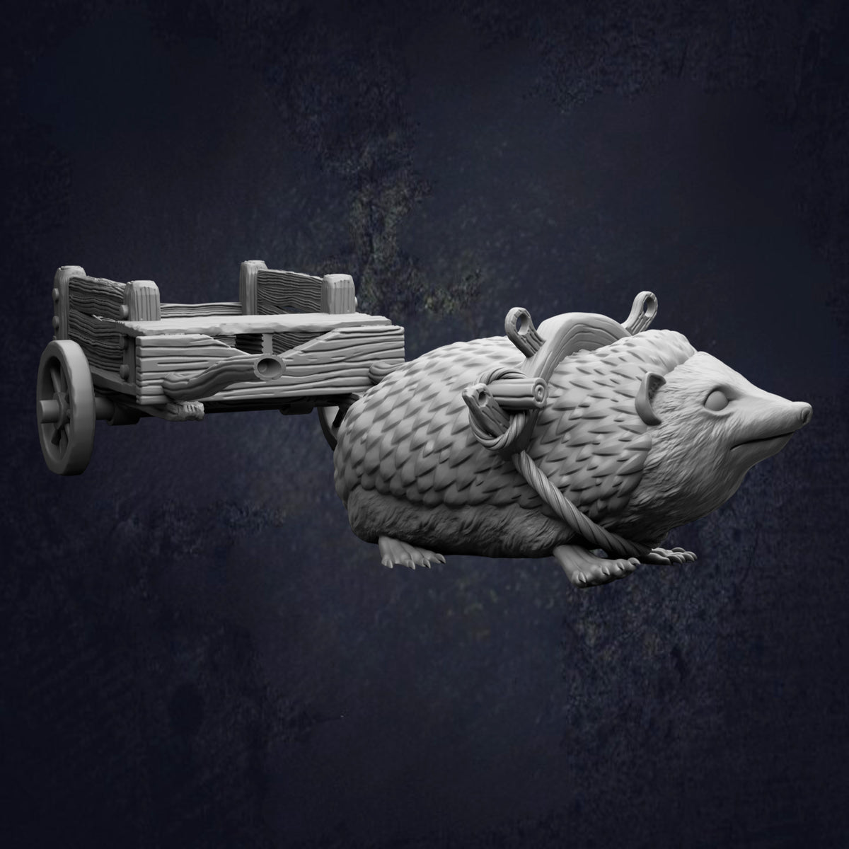 A 3D rendering of a wooden cart with a large, furry animal figure attached to it, set against a dark background.