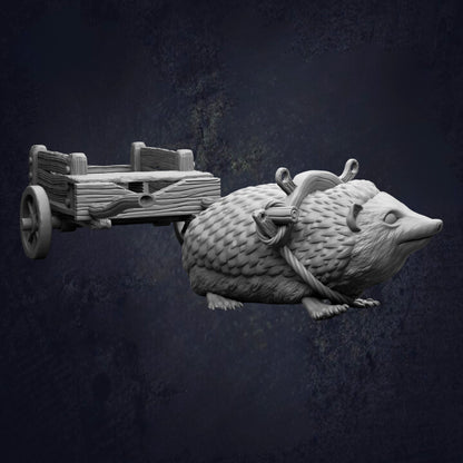 A 3D rendering of a wooden cart with a large, furry animal figure attached to it, set against a dark background.