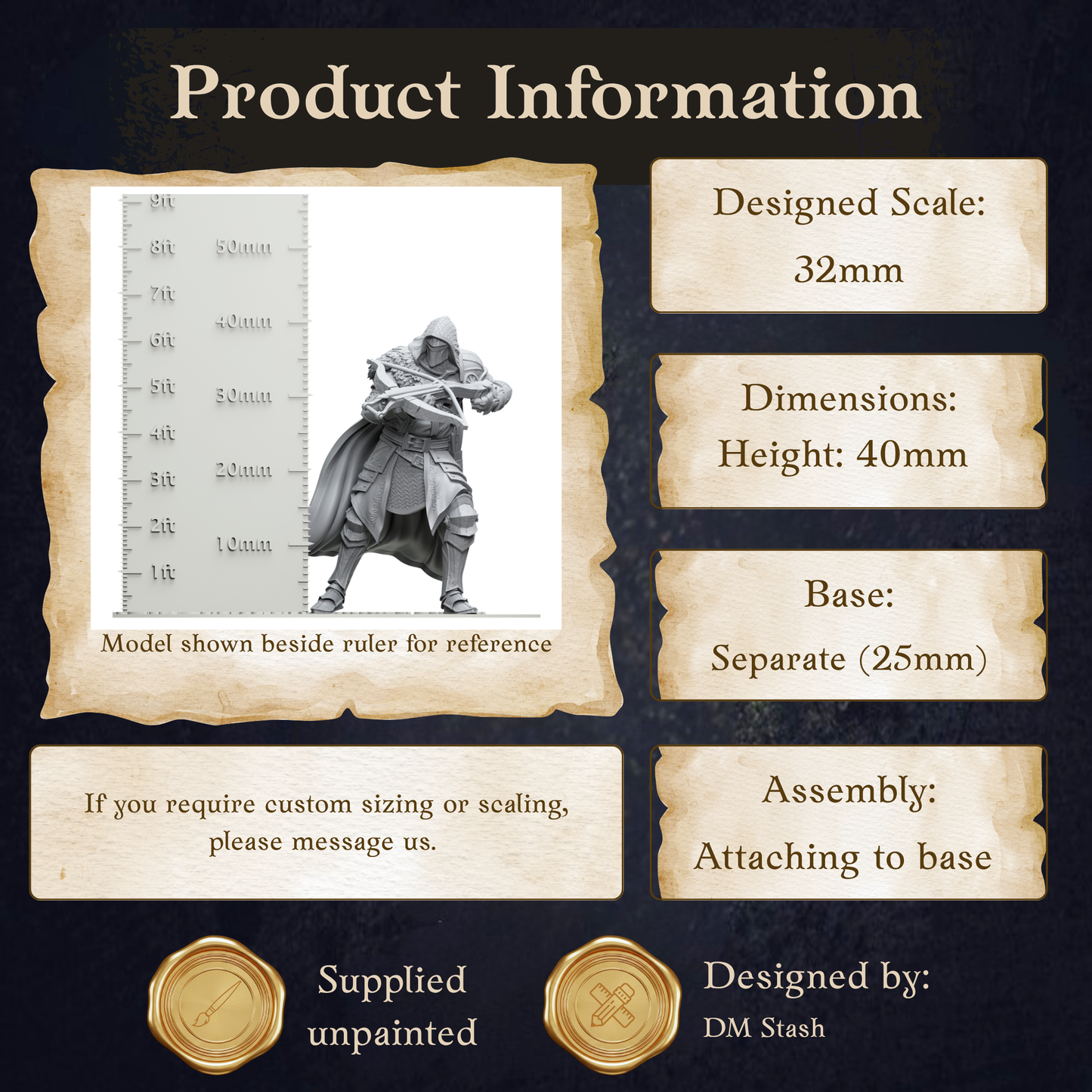 The image is a product information graphic that provides details about a model shown beside a ruler for reference. It includes dimensions, a base, and assembly instructions. The image is a collage of multiple images, and it is not a single image but a collection of images. The text in the image is clear and concise, and it does not contain any redundancy or vague wording.