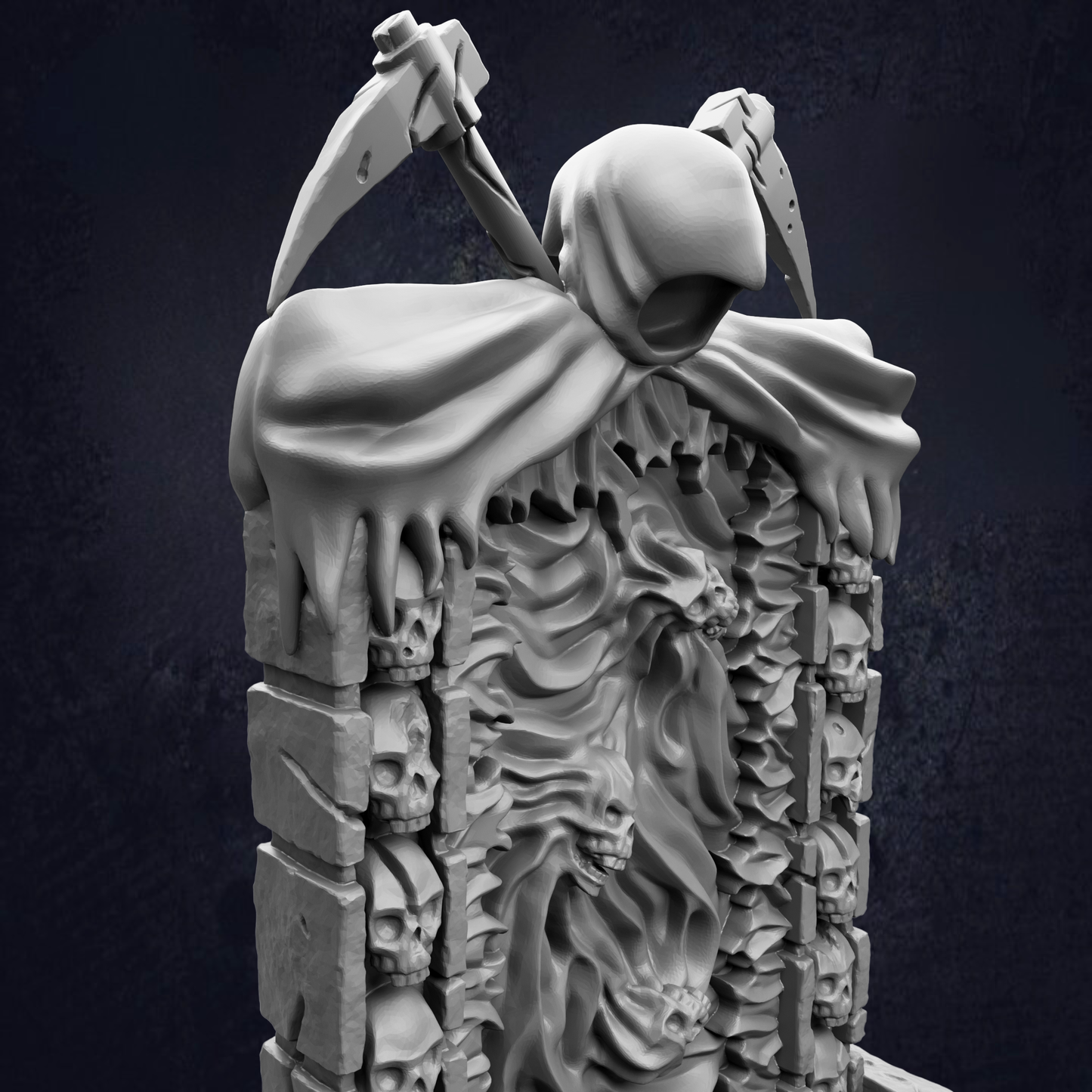 A dark, ominous statue of a hooded figure with a scythe, surrounded by a chaotic arrangement of skulls and bones, conveying a sense of dread and unease.
