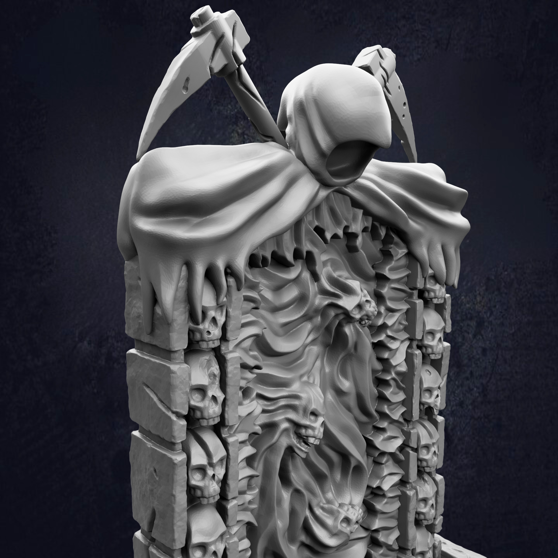 A dark, ominous statue of a hooded figure with a scythe, surrounded by a chaotic arrangement of skulls and bones, conveying a sense of dread and unease.