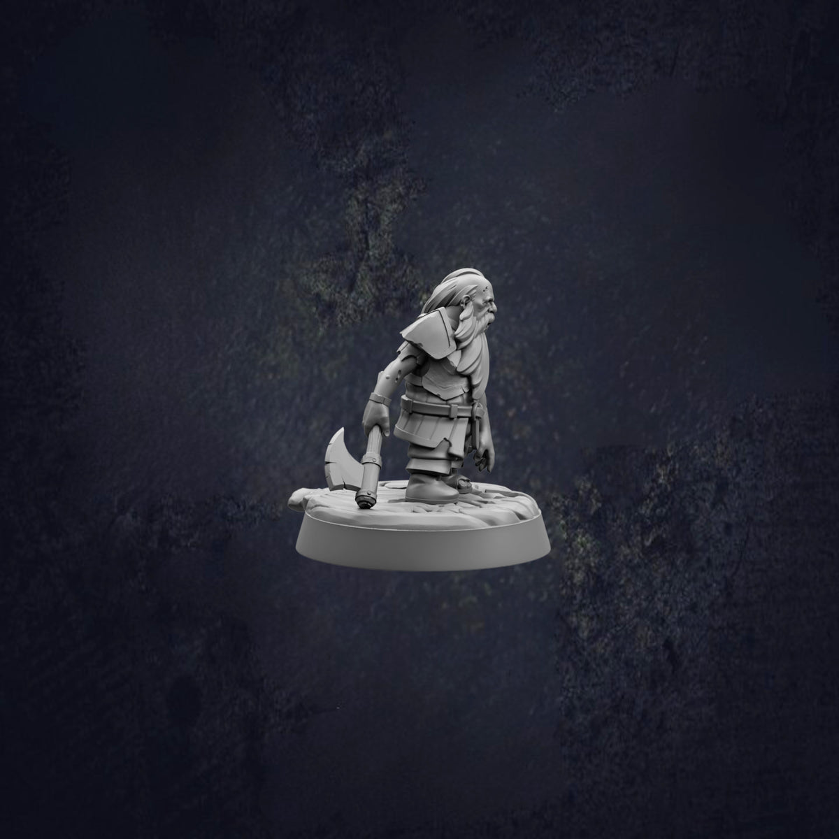 A small figurine of a person holding a weapon, possibly a sword, against a dark background.