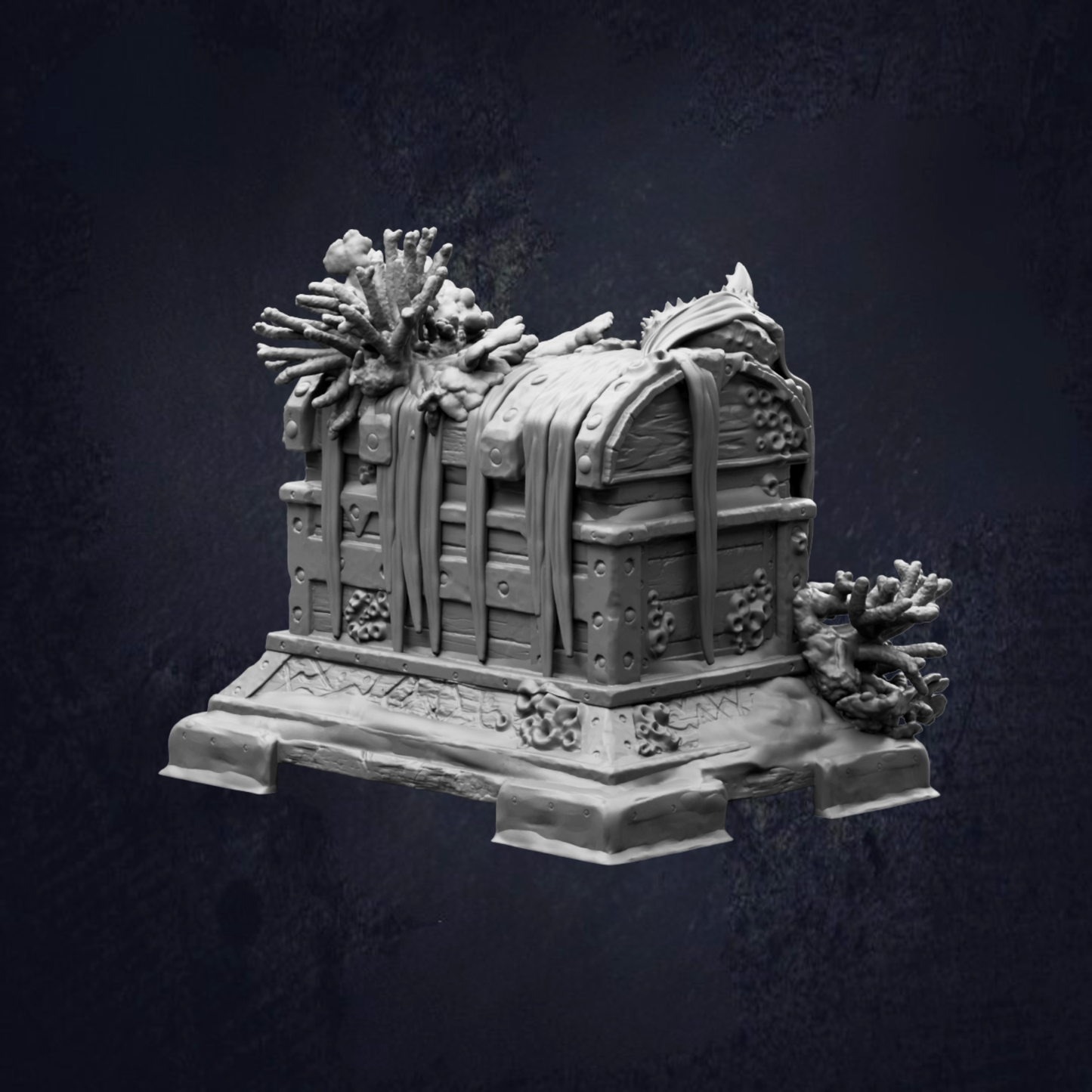 A detailed 3D model of a treasure chest or chest, featuring intricate designs and textures, set against a dark background.