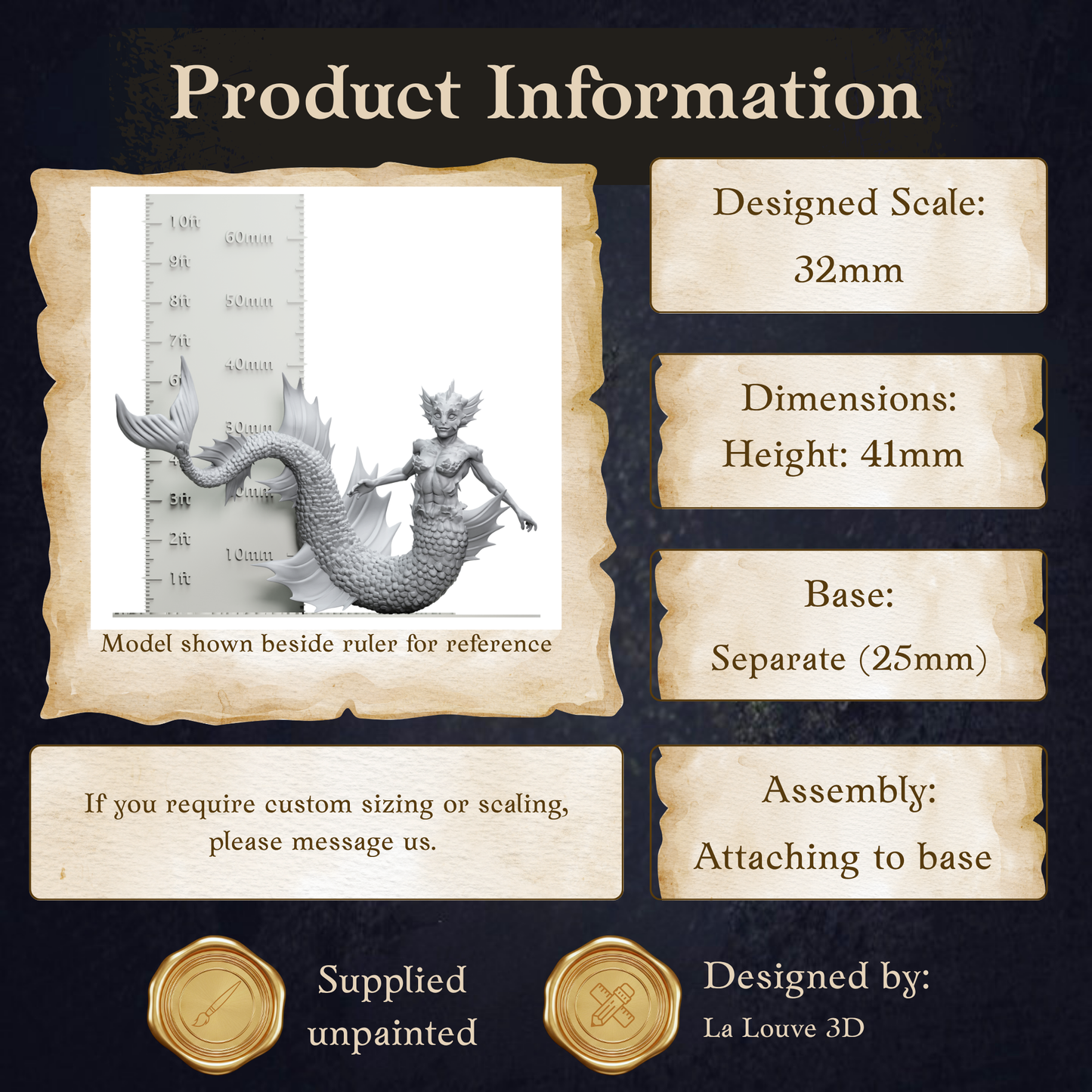 The image is a product information graphic that provides details about a model, including its dimensions, base, and assembly instructions.