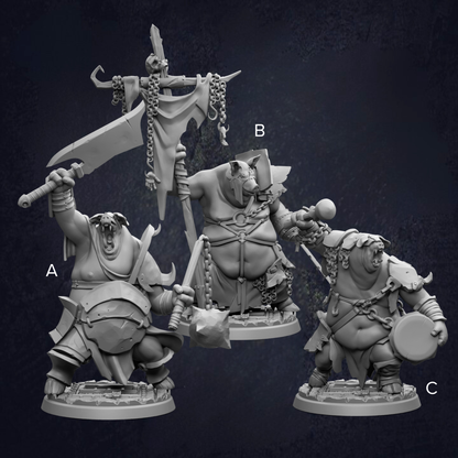 three figurines of fantastical creatures, each with unique features and weapons, set against a dark background.
