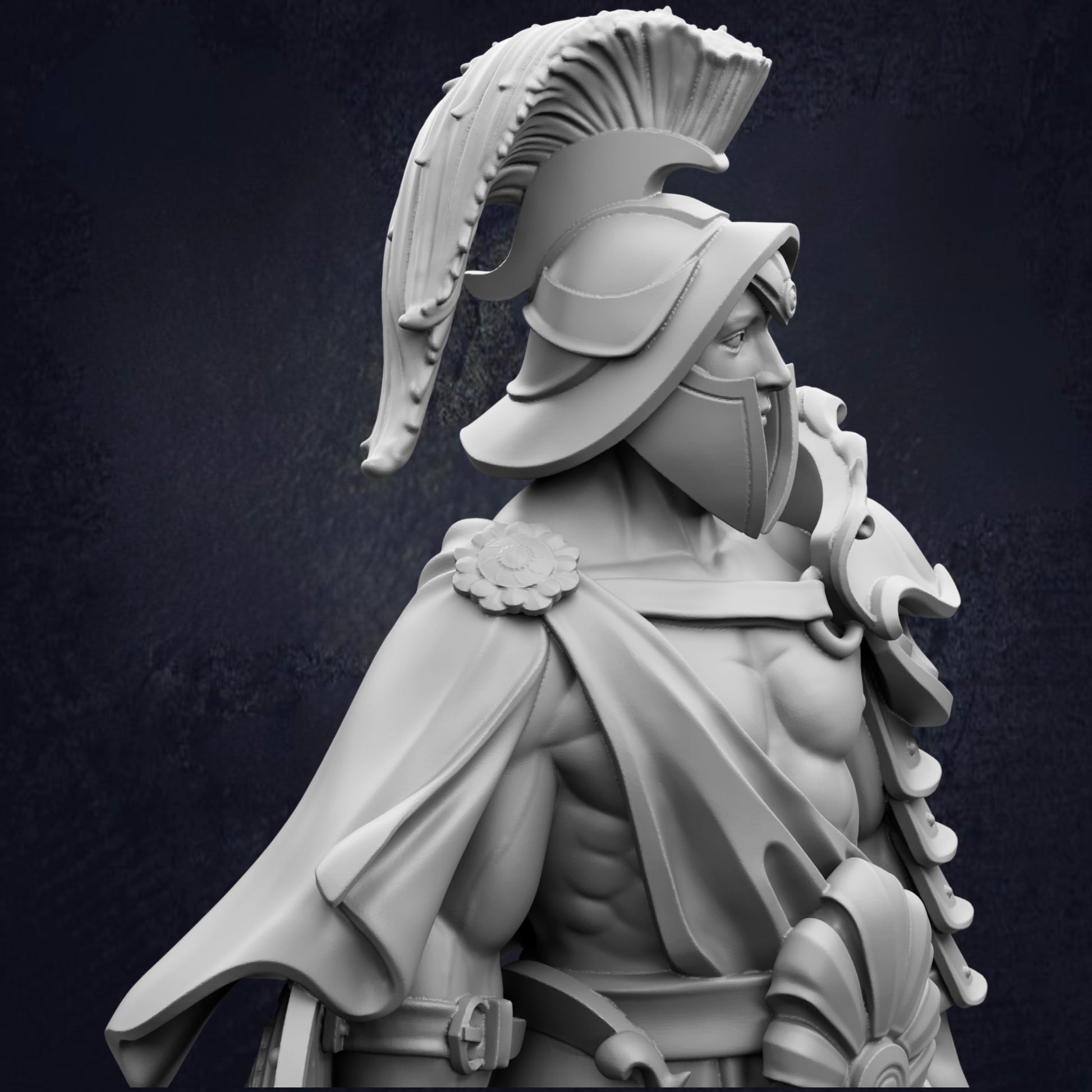 A detailed 3D rendering of a Roman soldier in a helmet and armor, standing against a dark background.