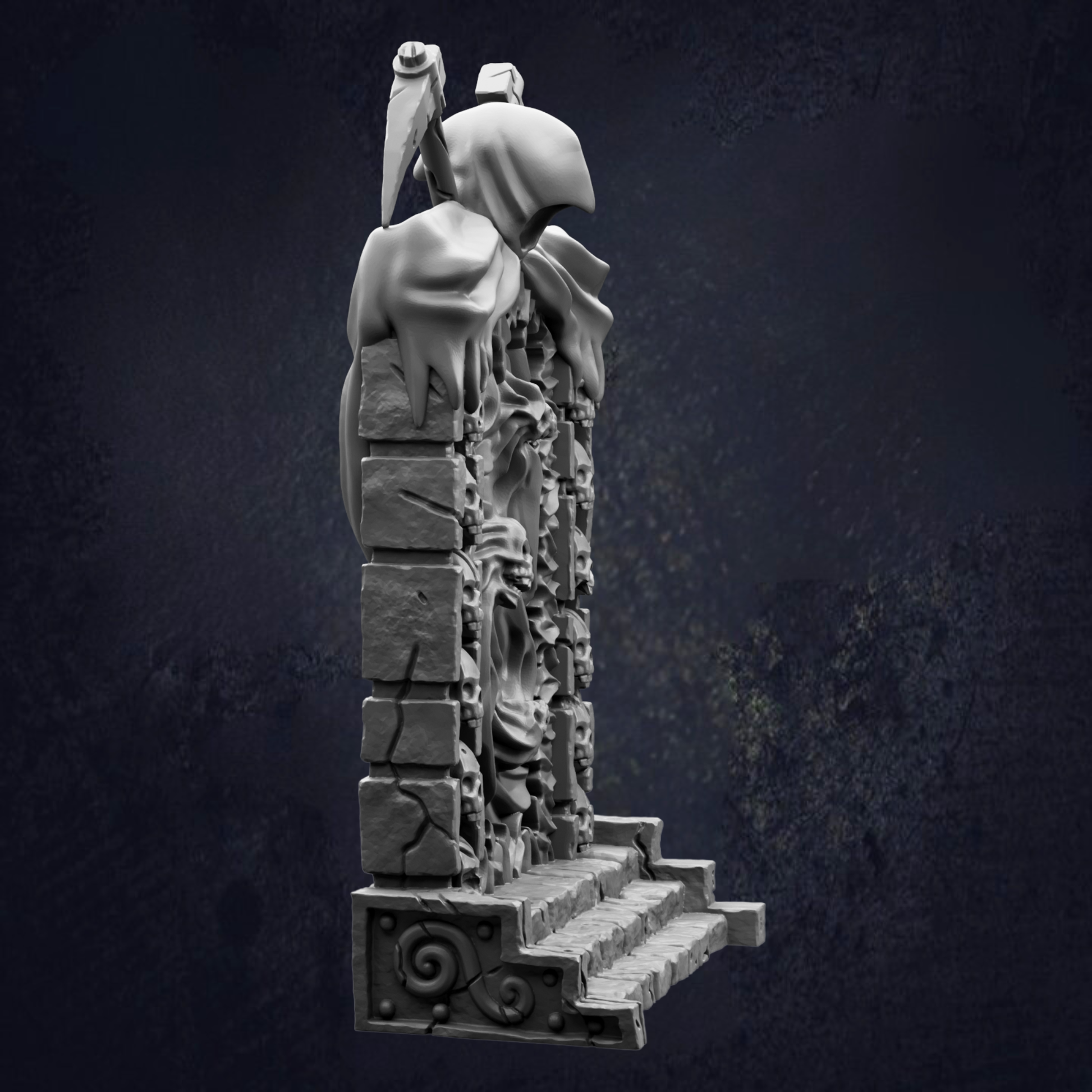 A 3D rendering of a stone statue or sculpture, featuring intricate details and a dark background.