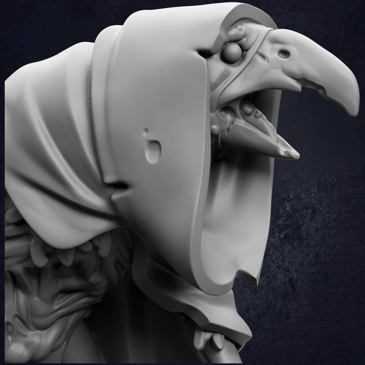 A close-up view of a detailed, sculpted bird-like creature with a pointed beak and a hooded headdress.