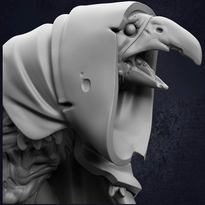 A close-up view of a detailed, sculpted bird-like creature with a pointed beak and a hooded headdress.
