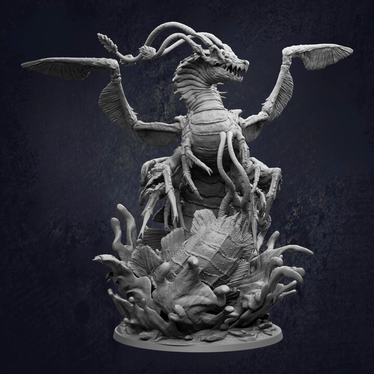 A detailed, intricate sculpture of a dragon-like creature with wings, sharp teeth, and a fierce expression, set against a dark background.