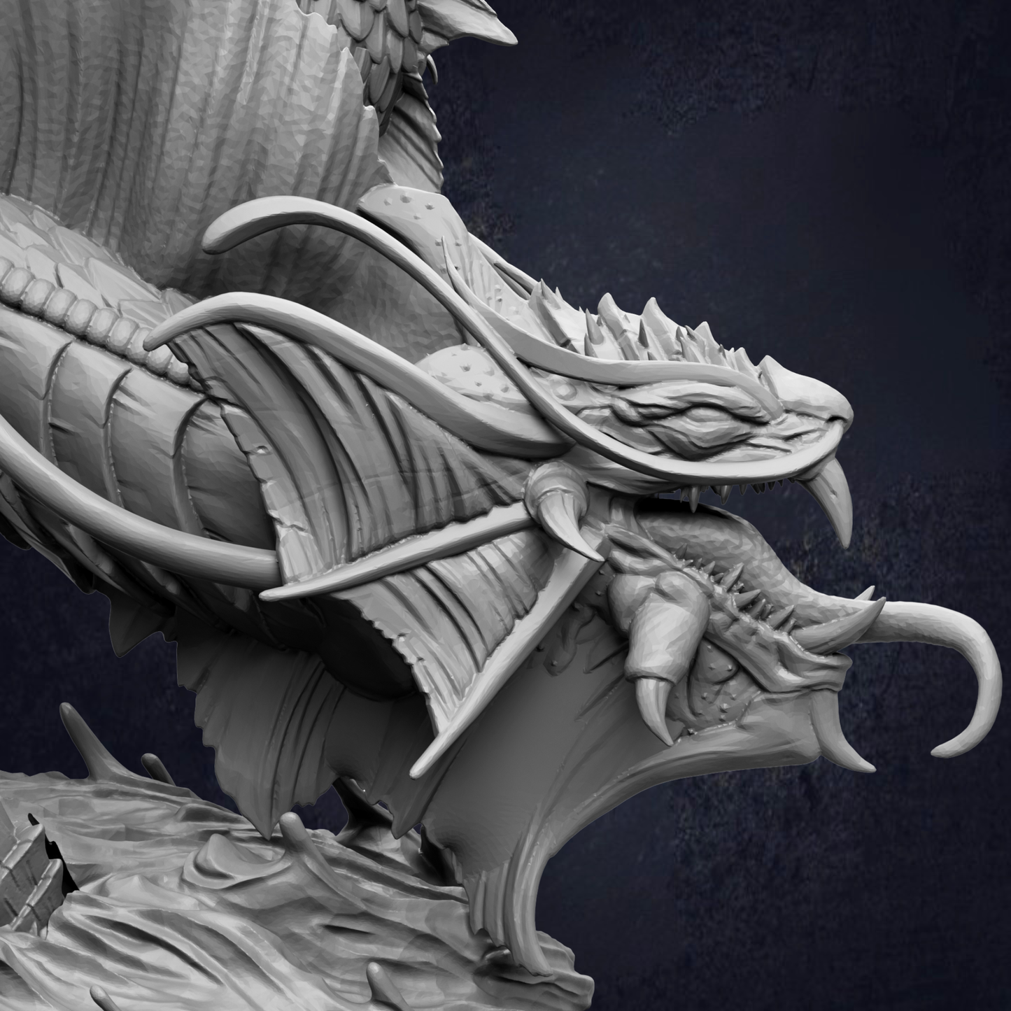 A detailed, intricate sculpture of a fantastical creature, possibly a dragon or serpent, with sharp teeth and a fierce expression.