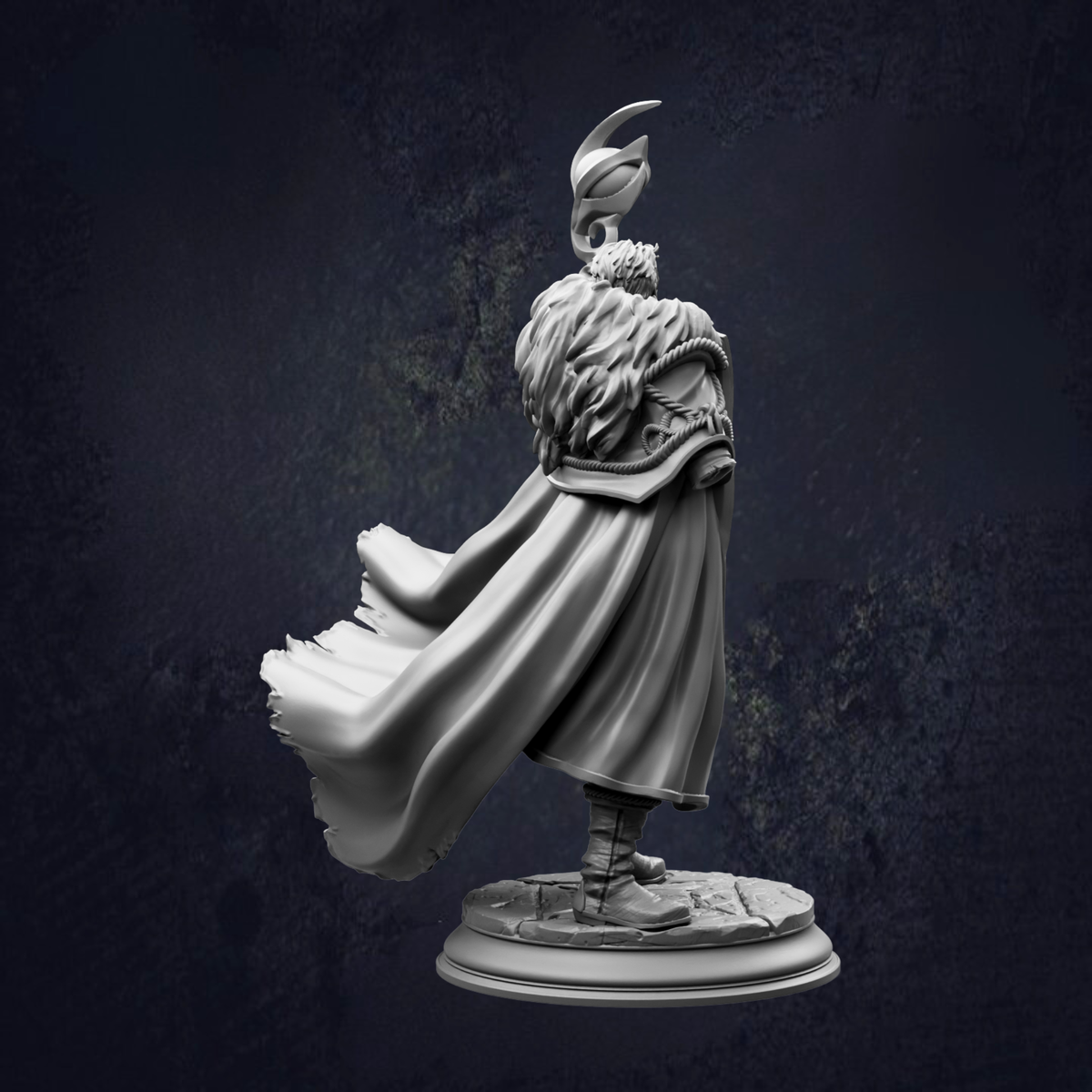 A statue of a person wearing a cape and standing on a pedestal against a dark background.