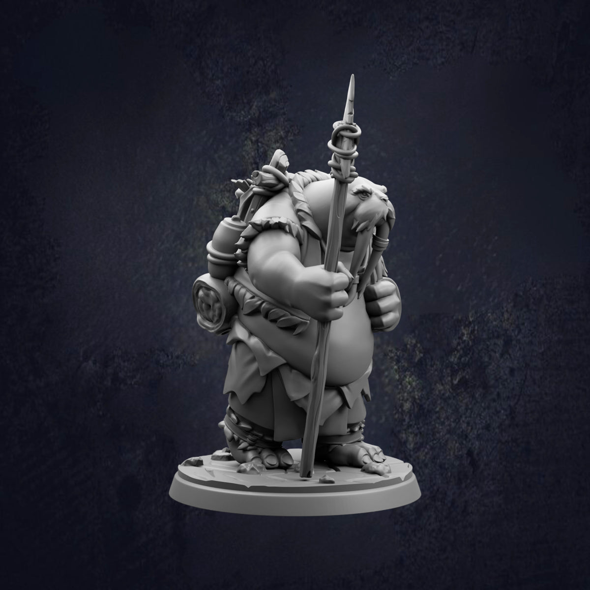 A 3D rendering of a fantastical, muscular character holding a spear and standing on a platform.
