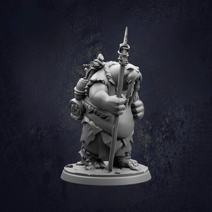 A 3D rendering of a fantastical, muscular character holding a spear and standing on a platform.