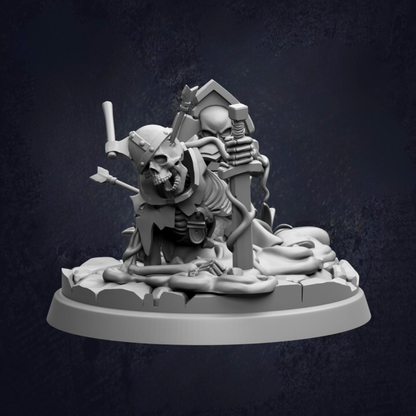 A 3D rendering of a skull-like figure with various weapons and tools, including a hammer, sword, and other weapons, set against a dark background.