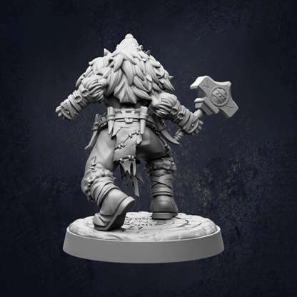 A detailed 3D model of a warrior figure, complete with a large hammer, standing on a pedestal against a dark background.