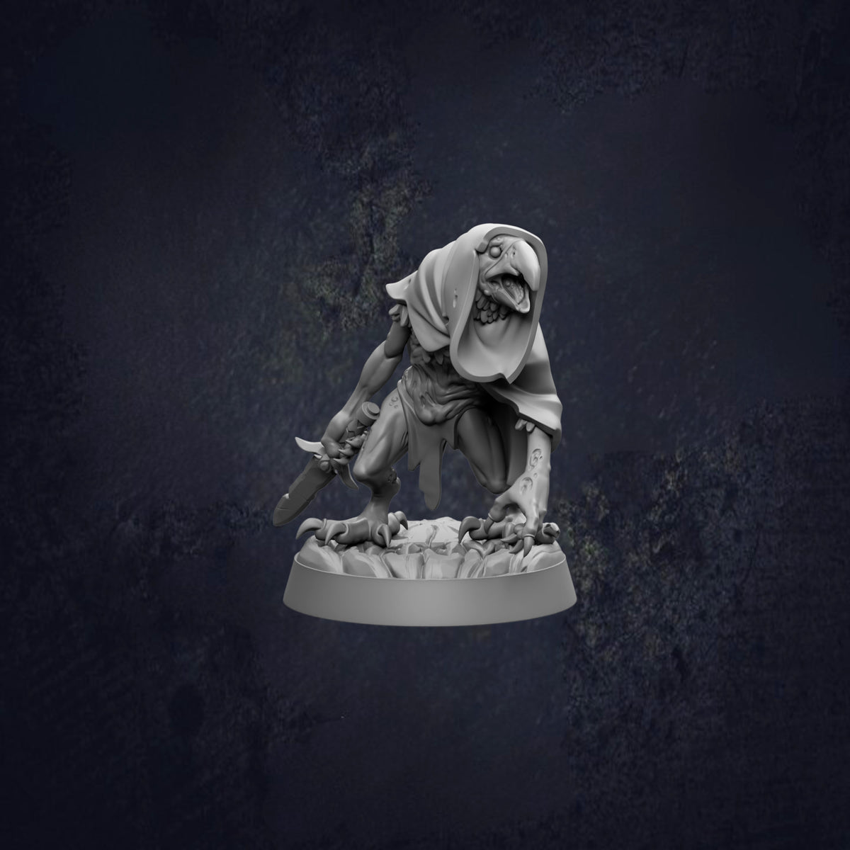 A 3D model of a crouching, hooded figure with a sword in hand, set against a dark, textured background.