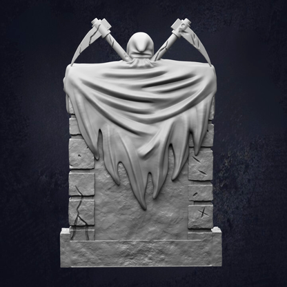 A 3D rendering of a ghostly figure with a flowing cape, standing on a stone pedestal against a dark background.
