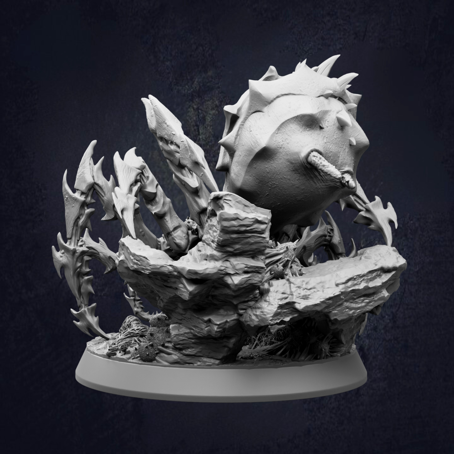 A detailed 3D model of a fantastical creature, possibly a dragon or serpent, with sharp teeth and spikes, set against a dark background.