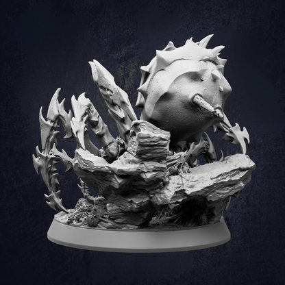 A detailed 3D model of a fantastical creature, possibly a dragon or serpent, with sharp teeth and spikes, set against a dark background.