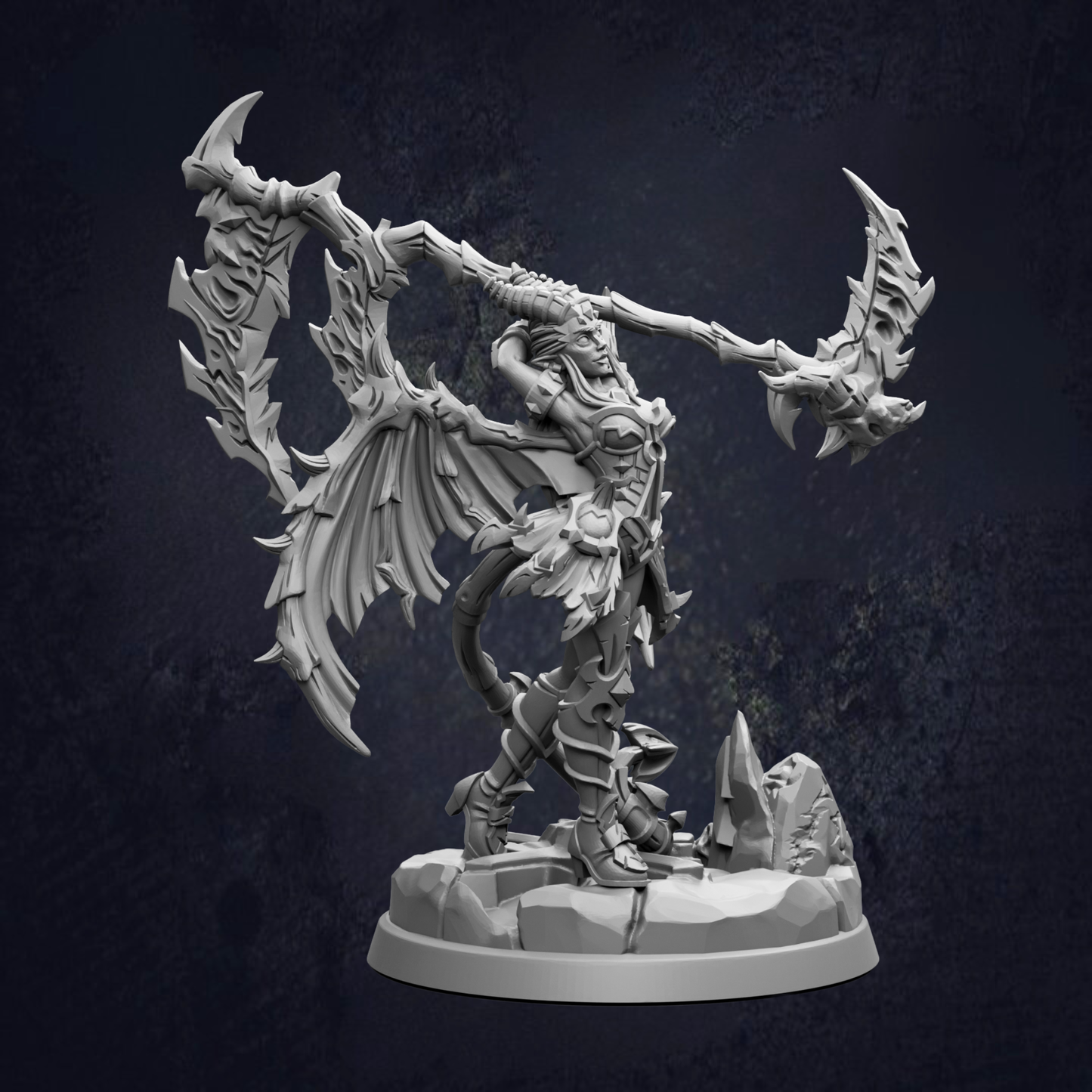 A detailed 3D model of a winged, armored warrior figure wielding a large weapon, set against a dark background.