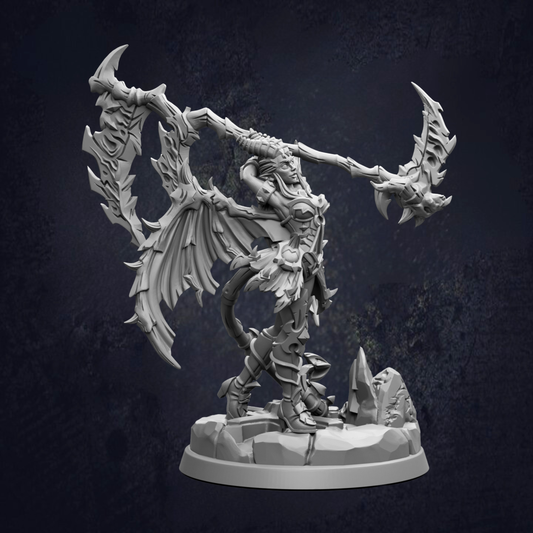 A detailed 3D model of a winged, armored warrior figure wielding a large weapon, set against a dark background.