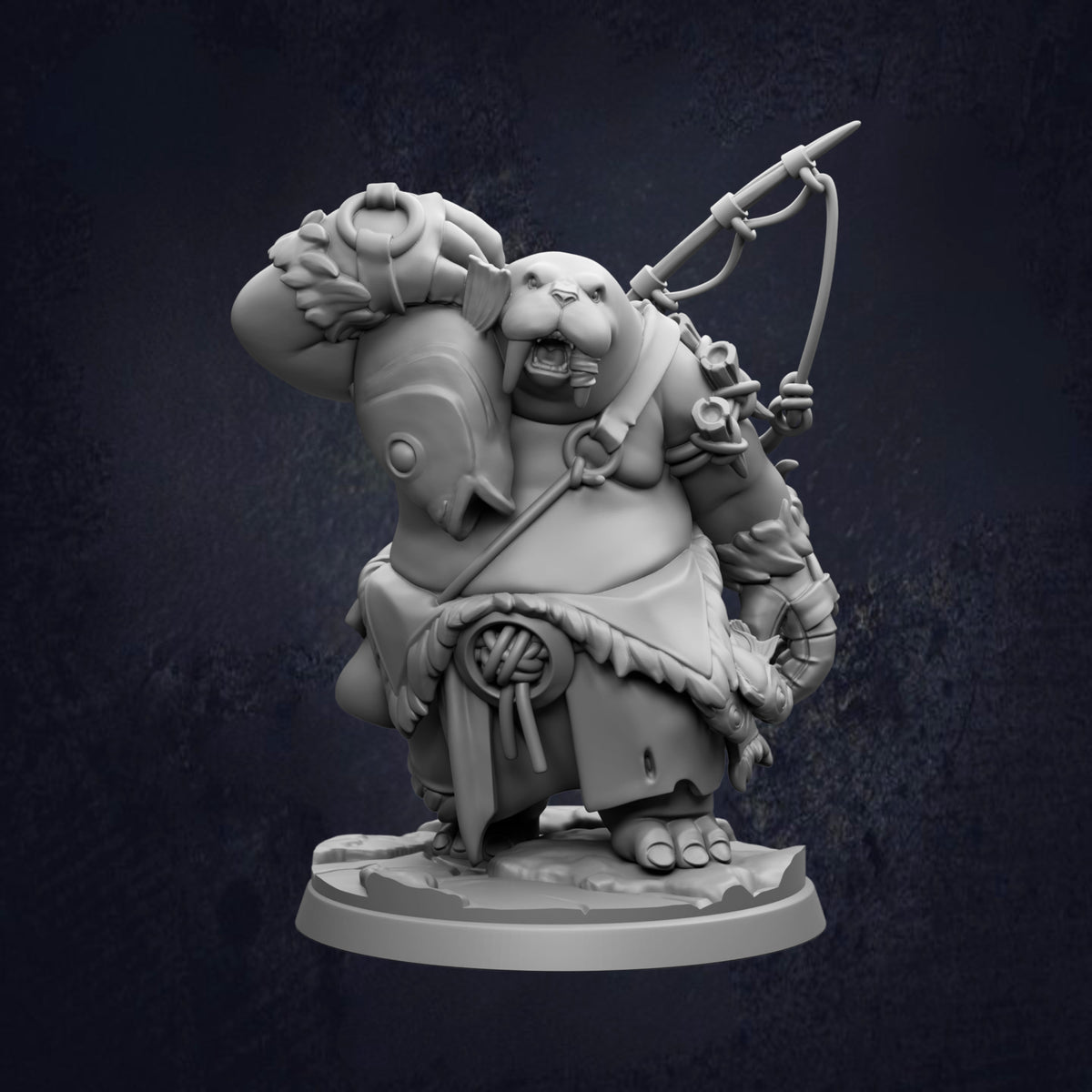 A 3D rendering of a fantastical creature, possibly a monster or a dragon-like being, with a large head, a long neck, and various weapons and accessories. The creature appears to be standing on a platform or base, and the background is dark and textured.