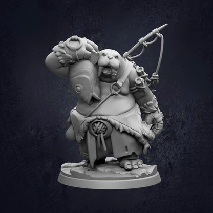 A 3D rendering of a fantastical creature, possibly a monster or a dragon-like being, with a large head, a long neck, and various weapons and accessories. The creature appears to be standing on a platform or base, and the background is dark and textured.