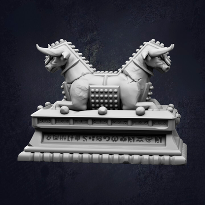 A white stone statue of a mythical creature, possibly a dragon or serpent, with two horns and a tail, standing on a pedestal with various symbols and inscriptions.
