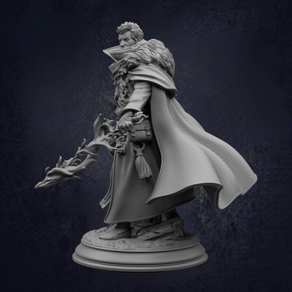 A detailed 3D model of a fantasy character, likely a wizard or magical being, standing on a pedestal and holding a staff with a flame at the end.